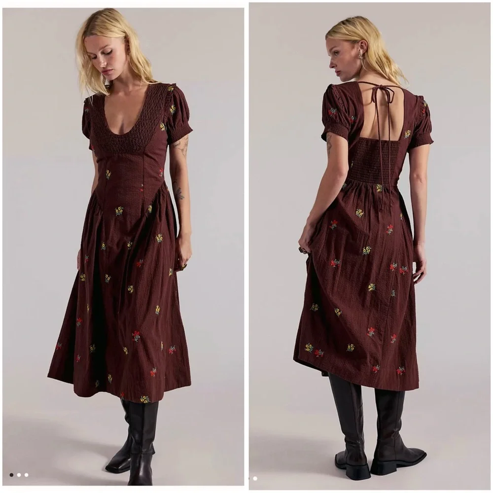 Prairie Core Free People Brown Maisie midi dress NWOT size Small embroidered